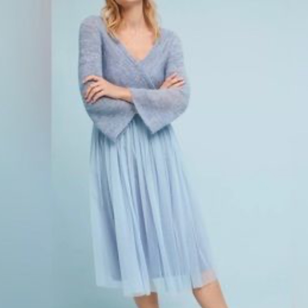 Anthropologie Arabesque Maeve Sky Blue Tulle Faux Wrap Ballerina Sweater Dress